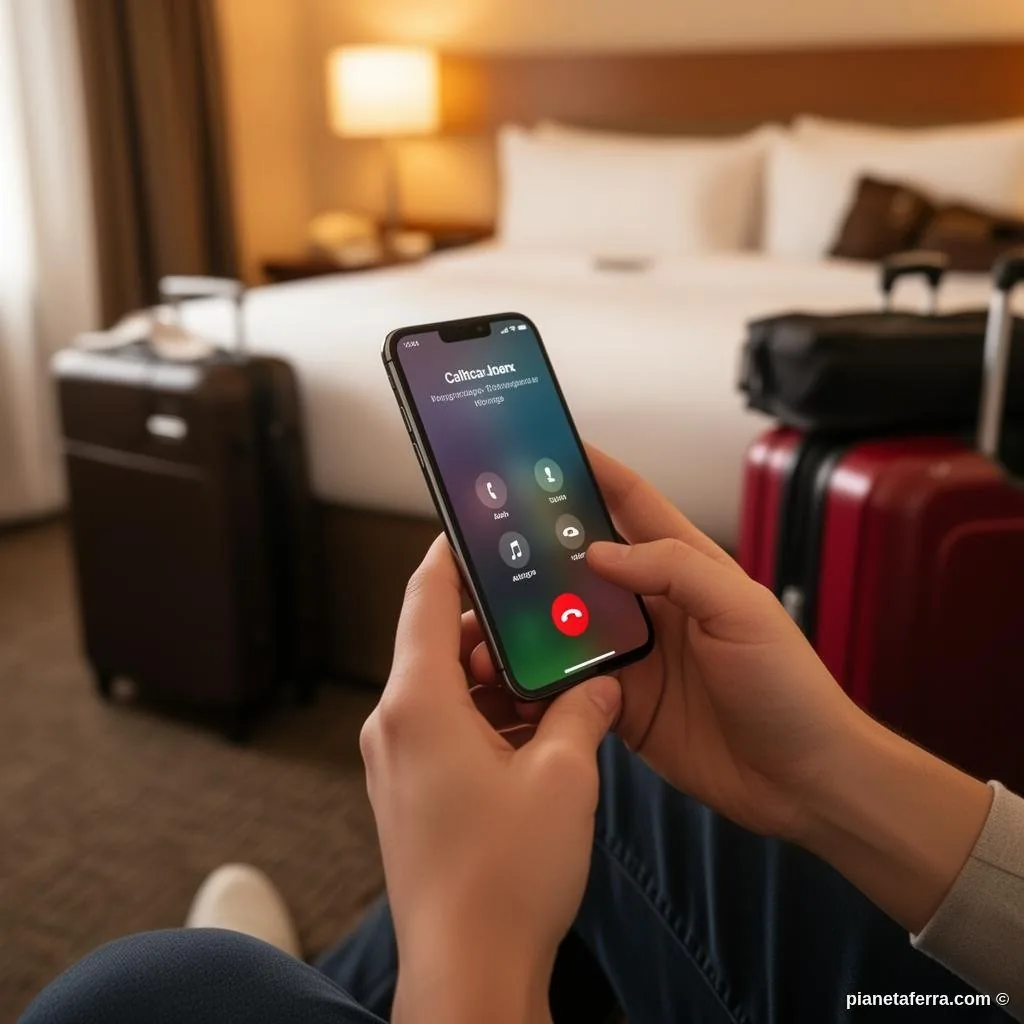 Mani che tengono uno smartphone con app di chiamata in una stanza d'hotel durante un viaggio