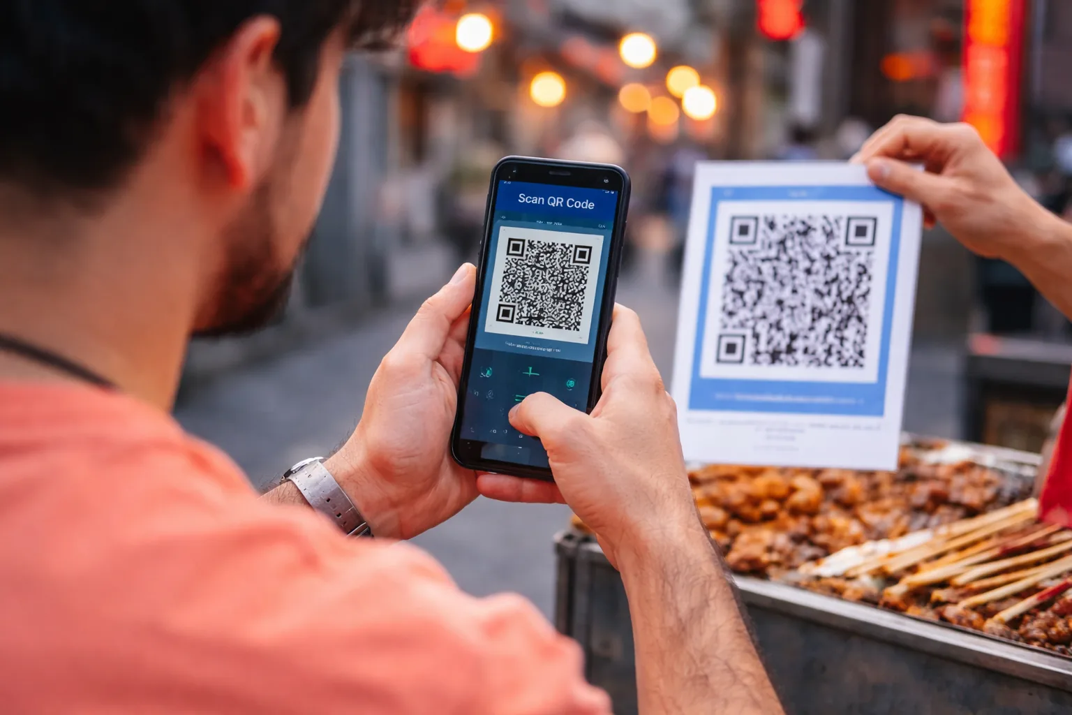 Scansione QR code con smartphone per pagamento in una bancarella cinese