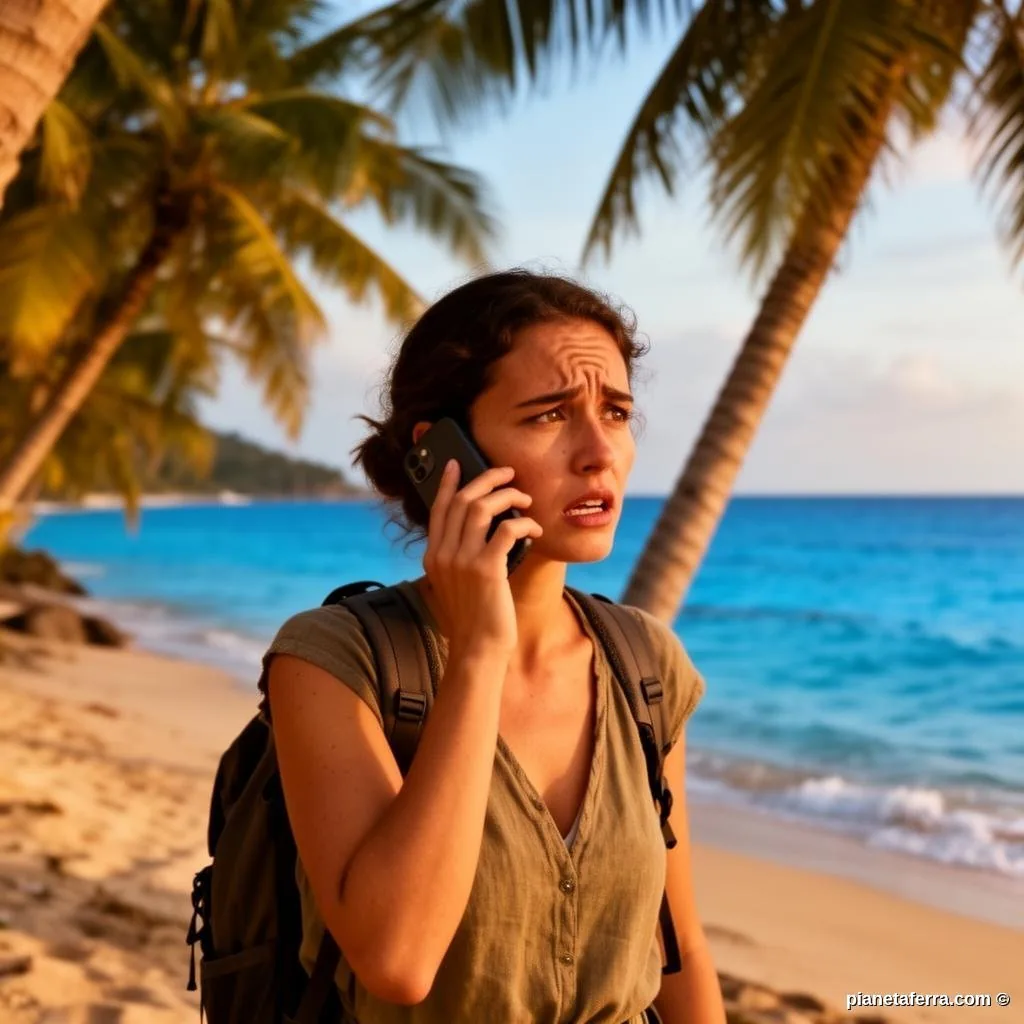 Viaggiatrice che chiama al telefono dall'estero in una destinazione tropicale