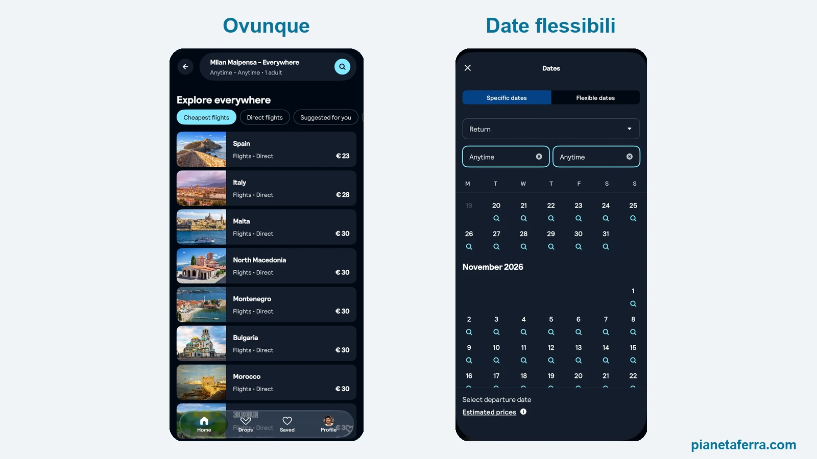 Due schermate dell'app Skyscanner: a sinistra la ricerca Ovunque da Milano Malpensa con i Paesi ordinati per prezzo, a destra il calendario con le date flessibili