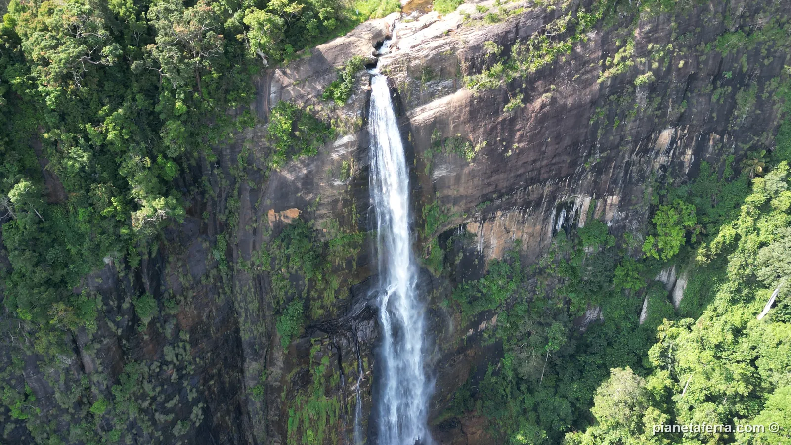 Le Diyaluma Falls, la seconda cascata più alta dello Sri Lanka, viste dall'alto tra la giungla, a maggio 2024