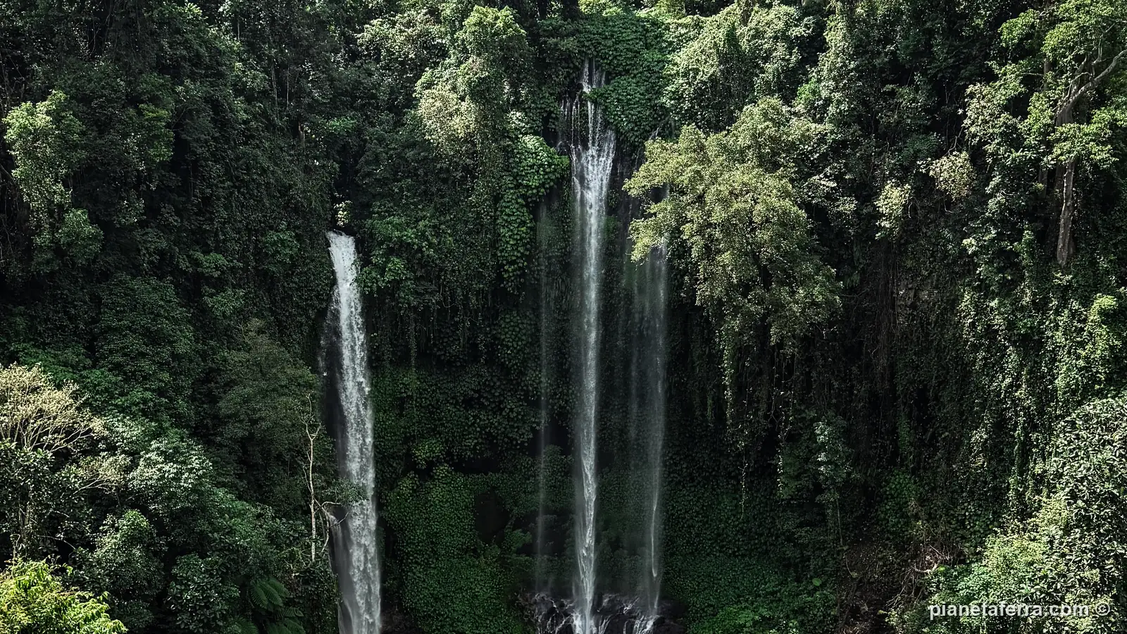 Le due cascate di Sekumpul che scendono nella giungla, viste dal punto panoramico nel nord di Bali