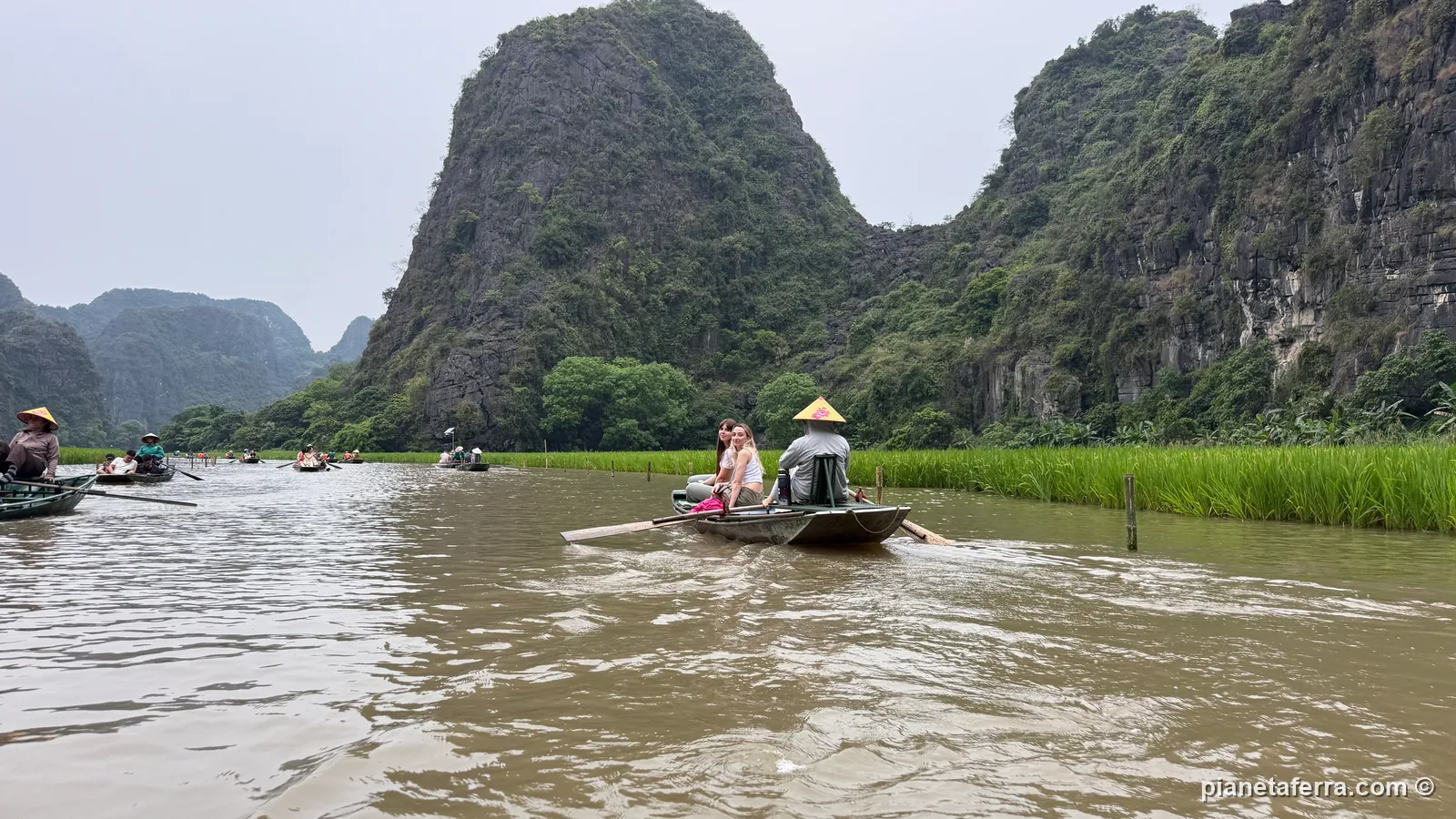 Le barche a remi tra le risaie e le montagne carsiche di Ninh Binh, nella primavera del 2026