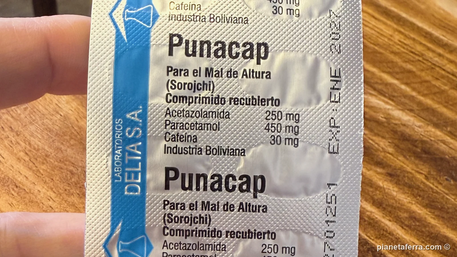 Il blister del Punacap, farmaco boliviano per il mal di montagna con acetazolamide, paracetamolo e caffeina